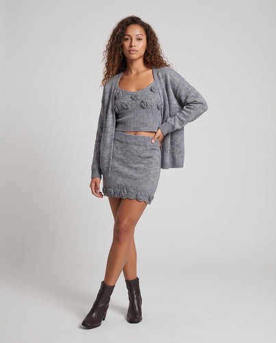 Damen Dreiteiliges Strick-Set mit Offenem Cardigan, Spaghettiträger-Top und Highwaist-Rock Nord Taschen