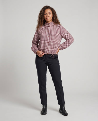 Damen Geknöpfte Cropped‑Bluse im Vichy‑Karo mit hohem Stehkragen und Kordelzug Nord Taschen