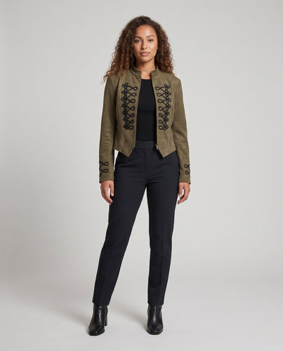 Damen Taillierte Cropped-Suede-Jacke mit Stehkragen, dekorativer Zierkordel und spitzem Saum Nord Taschen