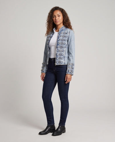 Damen Taillierte Kurzjacke im Offiziersstil mit Stehkragen und dekorativen Zierriegeln Nord Taschen