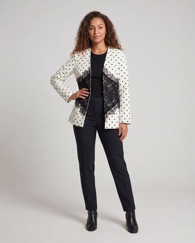 Damen Taillierter Blazer mit V-Ausschnitt, Pünktchenmuster und schwarzem Spitzen-Corsage-Einsatz Nord Taschen