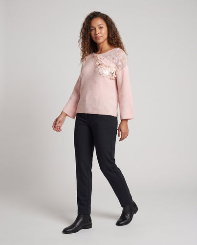 Damen Weicher Feinstrick-Pullover mit Pailletten-Applikation und Spitzenbesatz Nord Taschen