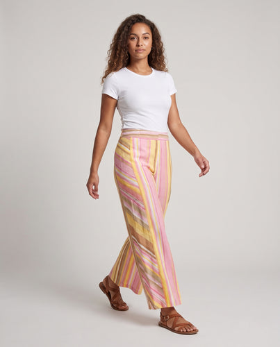 Damen Weite Leinenähnliche Palazzo-Hose mit hohem Bund und Streifendessin Nord Taschen