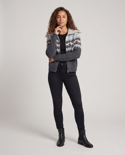 Damen Zip-Strickjacke mit Jacquardmuster, breitem Stehkragen und weichem Alpaka-Mix Nord Taschen