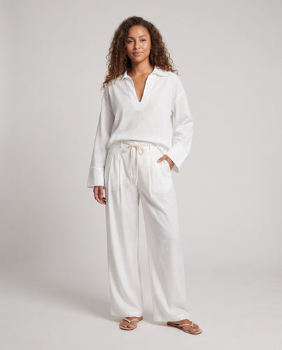 Damen Zweiteiliges seidiges Lounge-Set mit V‑Ausschnitt Hemdbluse und weiter Pyjama‑Hose Nord Taschen