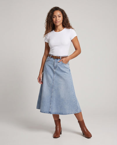 Damen A-Linien Jeansmidirock mit hohem Bund und taillenbildendem Gürtel Nord Taschen