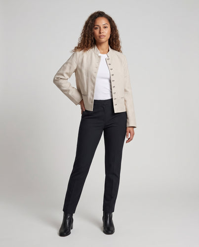 Damen Boxy-Kurzjacke in Leinenoptik mit Stehkragen und dekorativer Knopfleiste Nord Taschen