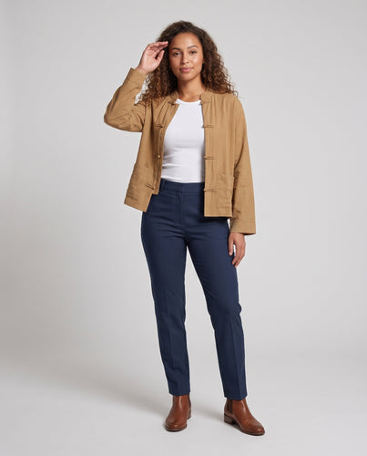 Damen Chinesisch inspirierte Seidenoptik-Jacke mit Mandarinkragen und Zierknoten Nord Taschen