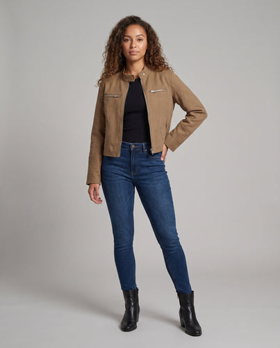 Damen Cropped Bikerjacke in Veloursoptik mit Stehkragen, Ziernähten und Metall-Ziptaschen Nord Taschen