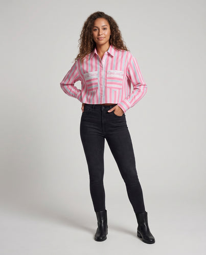 Damen Cropped-Hemdbluse im Oversize-Look mit Spitzenapplikation Nord Taschen