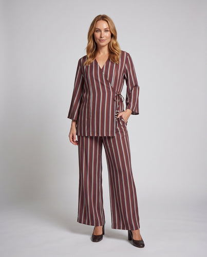 Damen Gestreiftes Wickel-Set mit Kimono-Oberteil und weiter Highwaist-Hose Nord Taschen