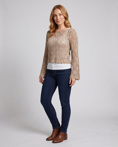 Damen Häkelpullover mit Ajourmuster, weitem Bootsausschnitt und Glockenärmeln Nord Taschen