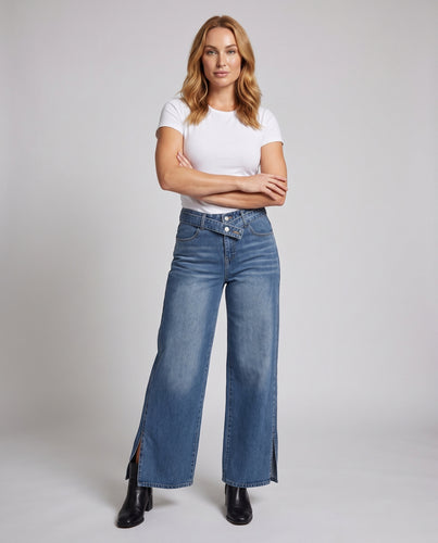 Damen Highwaist weite Culotte-Jeans mit überlappendem Bund und Ziergürtel Nord Taschen