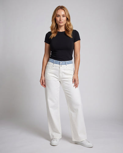 Damen hochtaillierte Jeanshose mit kontrastierendem Bund und weitem Bein Nord Taschen