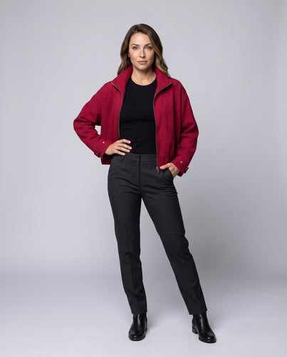 Damen Karierte Cropped Jacke mit Stehkragen, Reißverschluss und elastischem Saum Nord Taschen