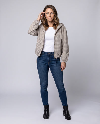 Damen Karierte Cropped Kapuzenjacke mit Tunnelzug und Reißverschluss Nord Taschen