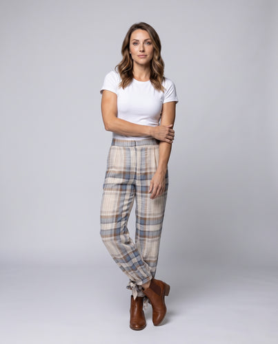 Damen Karierte Leinenoptik-Hose mit weitem Bein und Bindebündchen Nord Taschen