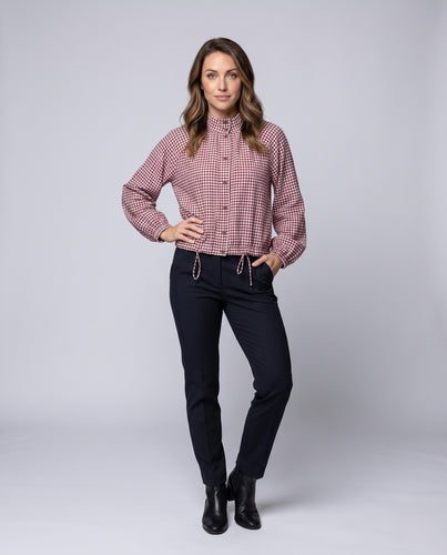 Damen Kariertes Kurzblouson mit Stehkragen, Tunnelzugsaum und Raglan‑Ballonärmeln Nord Taschen