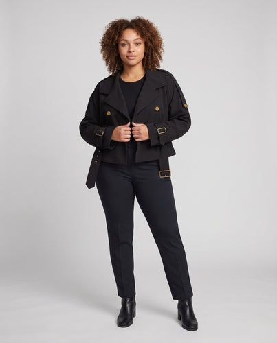 Damen Kurz geschnittene Doppelreihige Trenchjacke im Blousonstil mit Gürtel und goldenen Zierknöpfen Nord Taschen