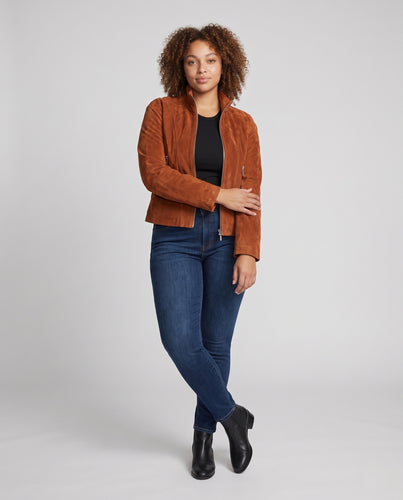 Damen Kurz geschnittene Velourslederjacke mit Stehkragen und Reißverschlusstaschen Nord Taschen