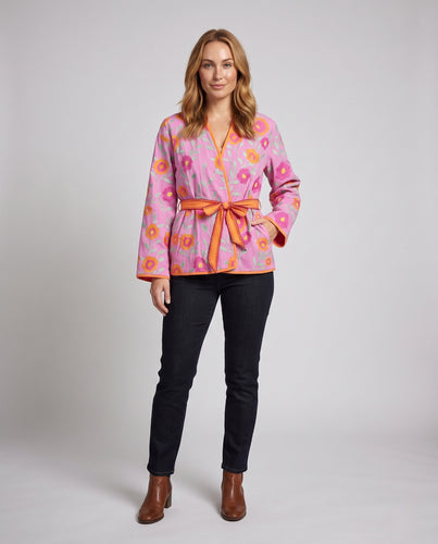 Damen Kurze Kimono-Jacke mit floraler Stickerei und Taillengürtel Nord Taschen