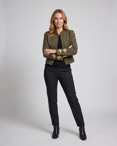 Damen Kurze Militärische Paradejacke mit Stehkragen und Schulterkordeln Nord Taschen