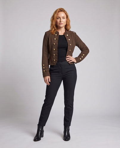 Damen Kurze Zierknopf‑Militärjacke aus Strukturstoff mit Epauletten und Stehkragen Nord Taschen