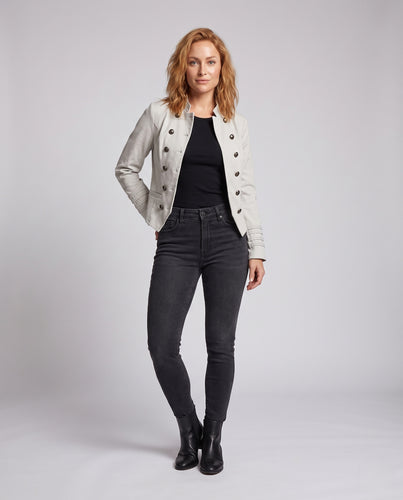 Damen Kurzer Doppelreihiger Militärblazer mit Stehkragen und Zierfaltenärmeln Nord Taschen