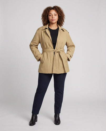 Damen Kurzer Trenchcoat mit Taillengürtel und Schulterklappen Nord Taschen
