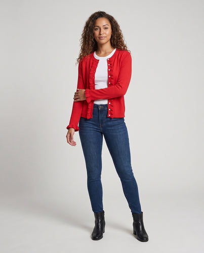 Damen Feinstrick-Cardigan mit Rüschenkante und Perlmuttknöpfen Nord Taschen