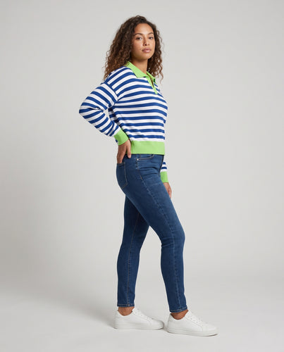 Damen Gestreifter Cropped-Pullover mit Polo-V-Ausschnitt und breiten Rippbündchen Nord Taschen