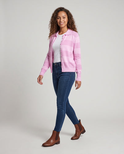 Damen Gestreifter Feinstrick-Cardigan mit Hemdkragen und durchgehender Knopfleiste Nord Taschen