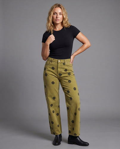 Damen High‑Waist Jeanshose mit weitem Bein und Polka‑Dot‑Print Nord Taschen
