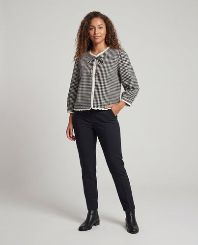 Damen Karierte Bluse-Cardigan mit Häkelkante, 3/4 Puffärmeln und Bindeband Nord Taschen
