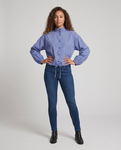Damen Karierte Cropped Bluse mit Stehkragen, Tunnelzug und Ballonärmeln Nord Taschen