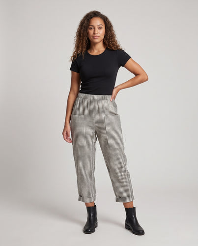Damen Karierte Leinenoptik-Hose mit elastischem Bund und aufgesetzten Seitentaschen Nord Taschen