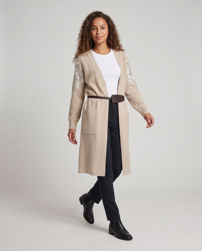 Damen Lange Strickjacke mit Bindegürtel und Paillettenverzierung an den Ärmeln Nord Taschen