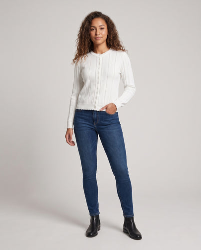Damen Leichter Feinstrick-Cardigan mit Zierlochmuster und Häkelkante Nord Taschen