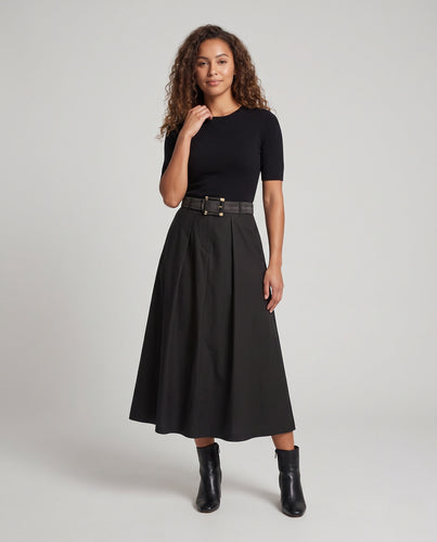 Damen Midirock mit hoher Taille, weitem Fall und dekorativem Taillengürtel Nord Taschen