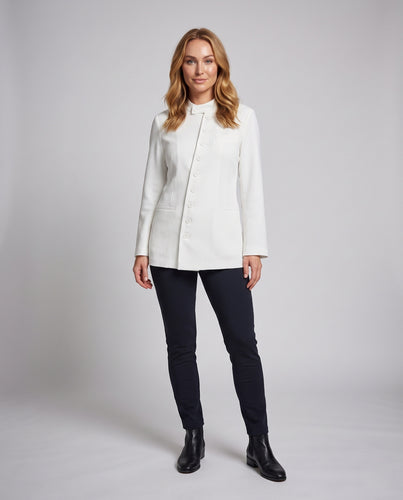 Damen Minimalistische Longline-Jacke mit Stehkragen und durchgehender Knopfleiste Nord Taschen