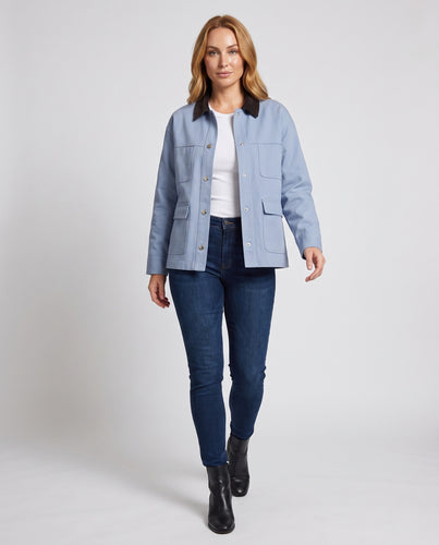 Damen Oversize Baumwoll-Utility-Jacke mit Cordkragen und aufgesetzten Taschen Nord Taschen