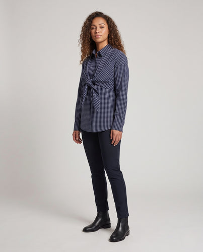 Damen Oversized Hemdbluse mit überlappendem Knotenstola und Karomuster Nord Taschen