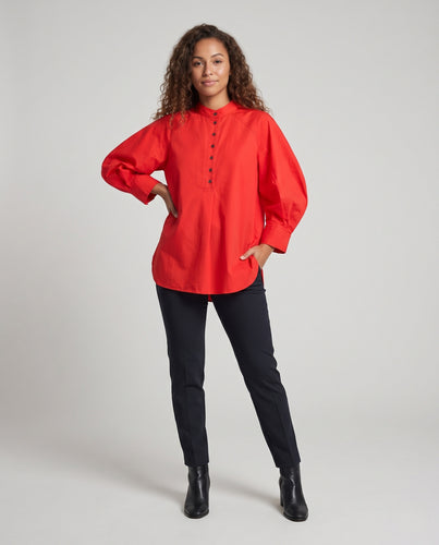 Damen Oversized-Tunika-Bluse mit Stehkragen, halber Knopfleiste und Ballonärmeln Nord Taschen
