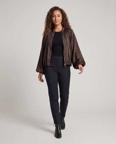 Damen Weite Satin-Bomberjacke mit Ballonärmeln und geraffter Vorderpartie Nord Taschen
