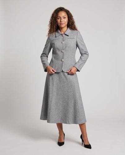 Damen Zweiteiliges Bouclé-Blazer-Set mit taillierter Kurzjacke und ausgestelltem Midirock Nord Taschen