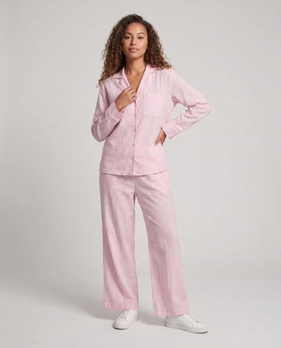 Damen Zweiteiliges Schlafanzug‑Set aus Leinenoptik mit Hemdkragen und weiter Bundhose Nord Taschen