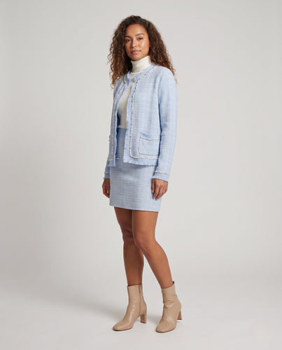 Damen Bouclé-Zweiteiler mit verziertem Kurzcardigan und tailliertem Midirock Nord Taschen