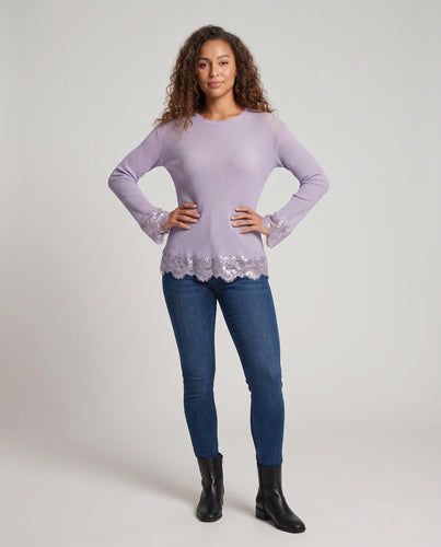 Damen Feiner transparenter Feinstrickpullover mit Spitzenbordüre und U-Boot-Ausschnitt Nord Taschen