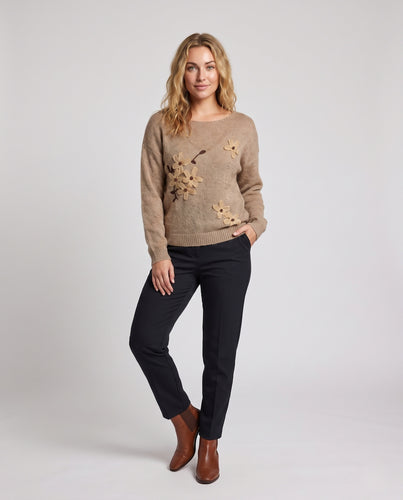 Damen Feinstrick-Pullover mit transparenten Blumen-Applikationen Nord Taschen