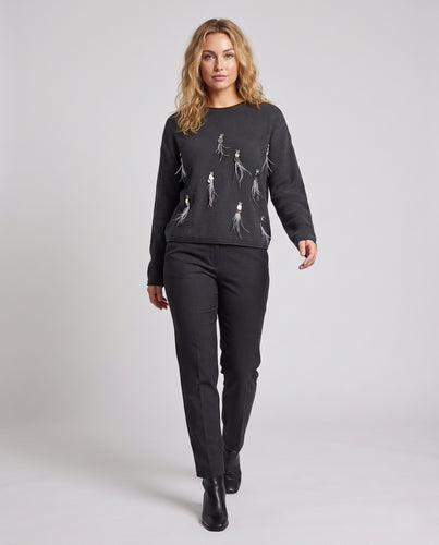 Damen Feinstrickpullover mit Perlen- und Federapplikationen und Oversize-Silhouette Nord Taschen